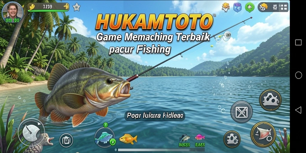 Tampilan gameplay HUKUMTOTO dengan pemancing menangkap ikan.
